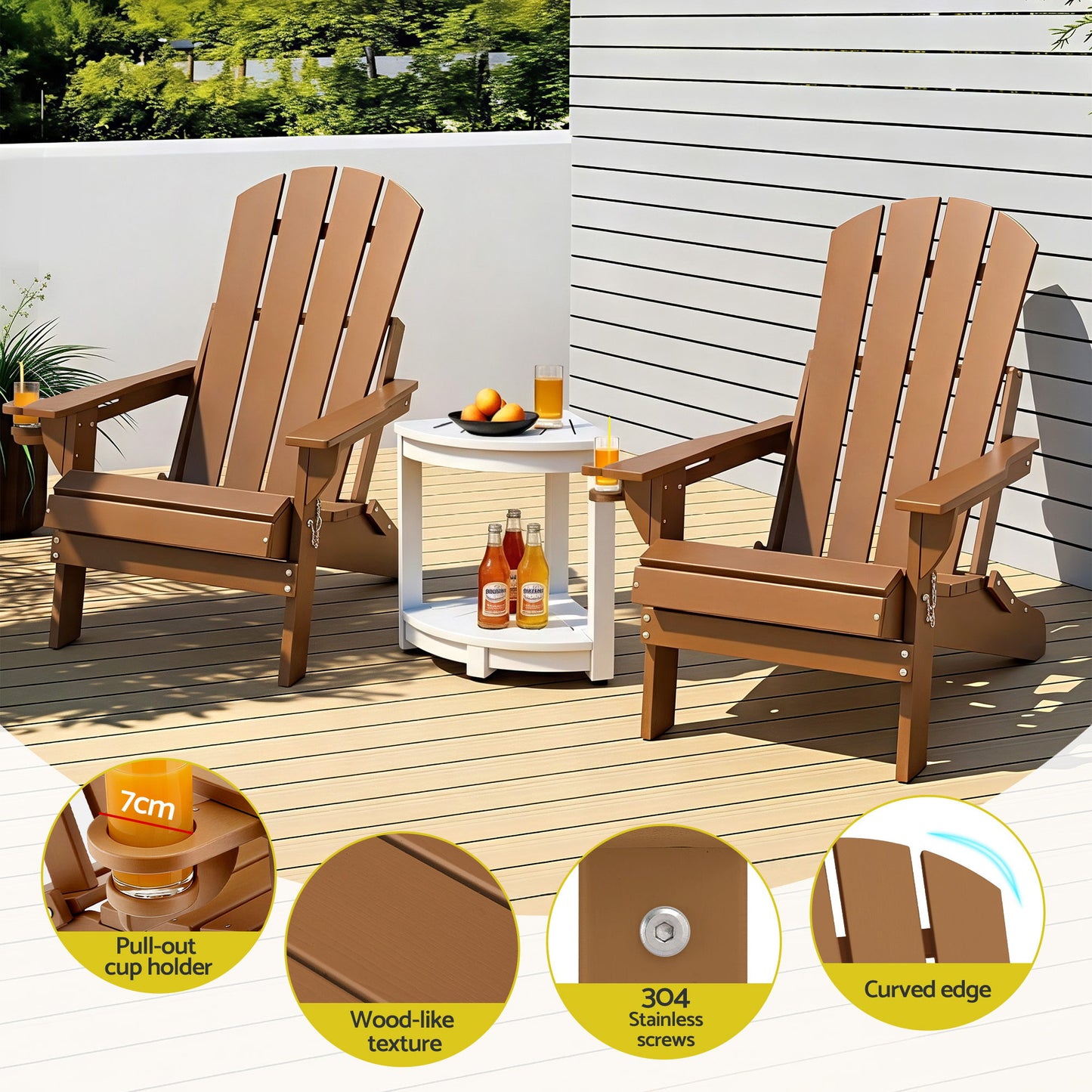 Outdoor Folding Adirondack Chair Set – HDPE, Waterproof, Brown and White