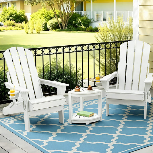 Outdoor Folding Adirondack Chair Set – Waterproof HDPE, White
