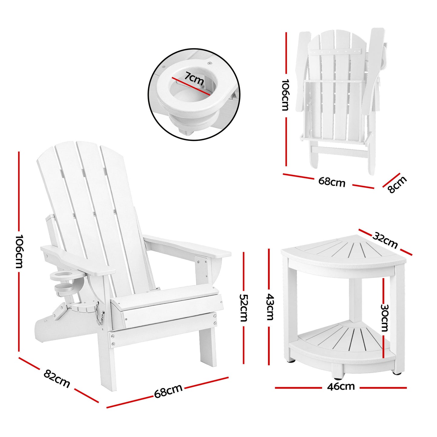 Outdoor Folding Adirondack Chair Set – Waterproof HDPE, White