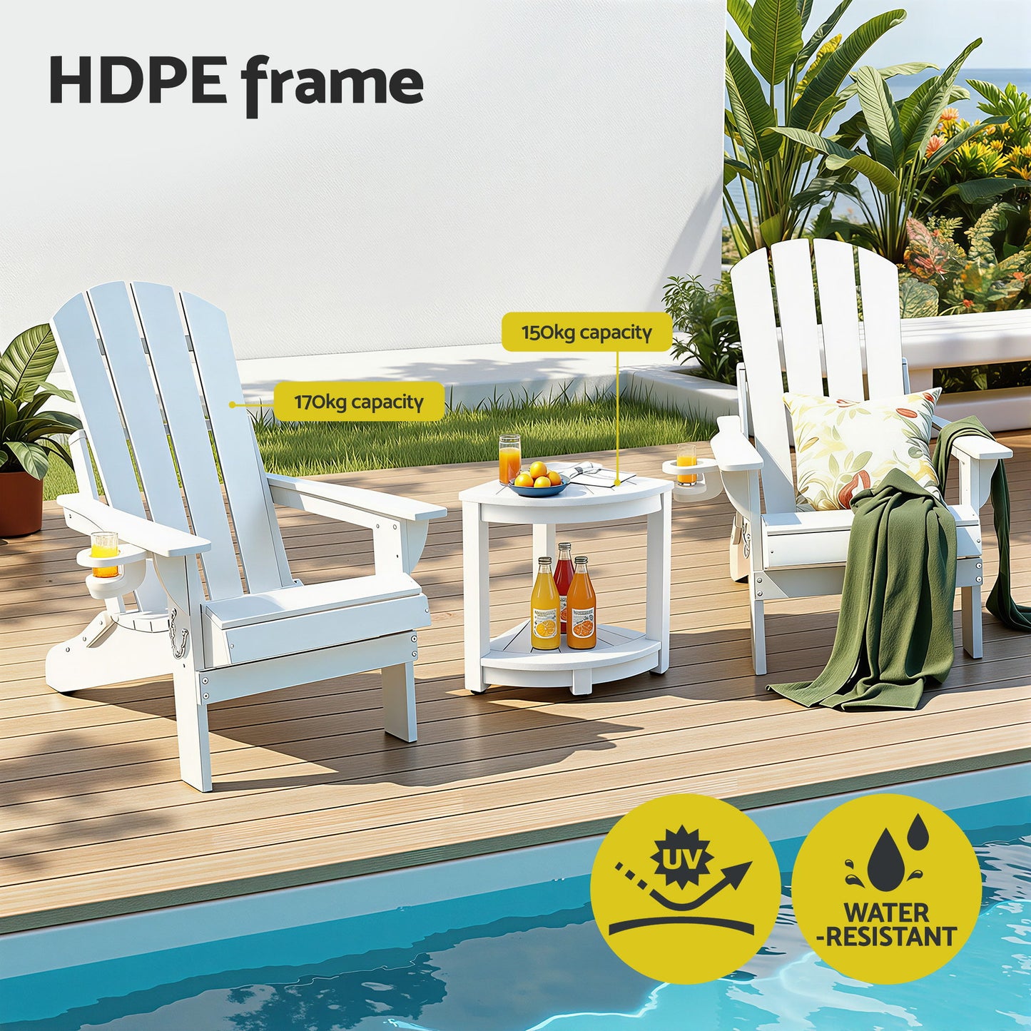 Outdoor Folding Adirondack Chair Set – Waterproof HDPE, White