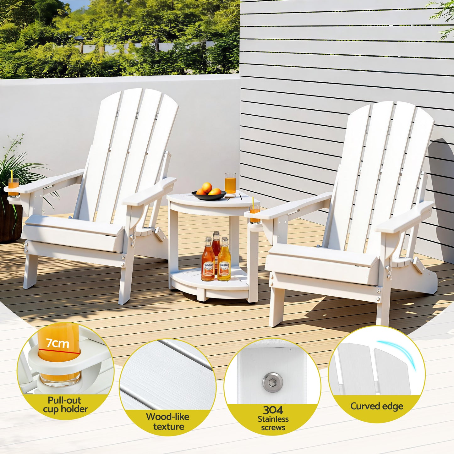 Outdoor Folding Adirondack Chair Set – Waterproof HDPE, White