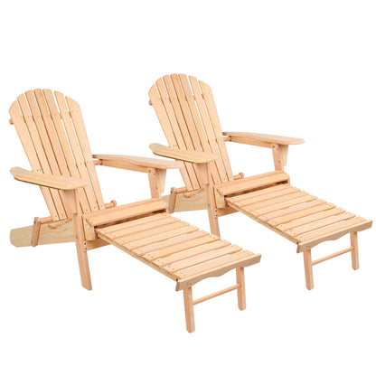 Gardeon outdoor wooden Adirondack chair and ottoman set with natural finish, perfect for patio relaxation.