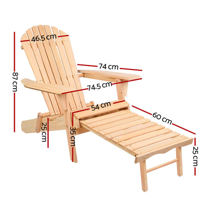 Gardeon wooden Adirondack chair with matching ottoman in natural finish, outdoor patio furniture for relaxing outdoor space.
