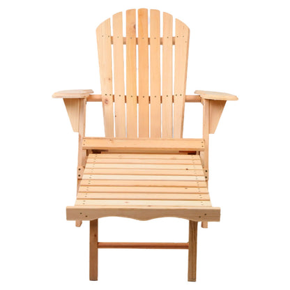 Gardeon outdoor wooden Adirondack chair and ottoman set with natural finish, ideal for patio and outdoor relaxation.