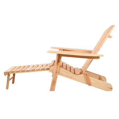 Gardeon outdoor wooden Adirondack chair with matching ottoman in natural finish, patio furniture for outdoor relaxation.