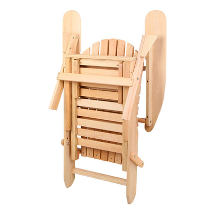 Gardeon wooden Adirondack chair with matching ottoman in natural finish, outdoor patio furniture set on a wooden deck