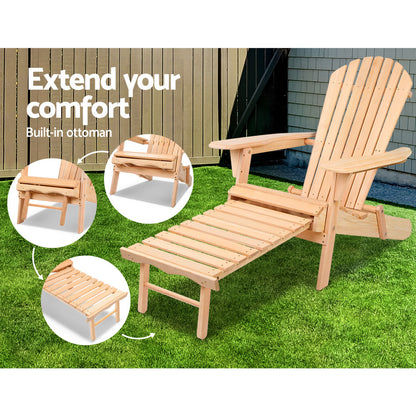 Gardeon wooden outdoor Adirondack chair and ottoman set with natural finish, perfect for patio relaxation and outdoor seating.