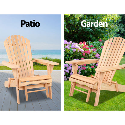 Gardeon wooden Adirondack chair and ottoman set in natural finish for outdoor patio seating, sturdy and stylish outdoor furniture.