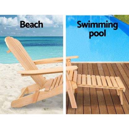 Gardeon outdoor wooden Adirondack chair with matching ottoman in natural finish, patio furniture set for outdoor relaxation.