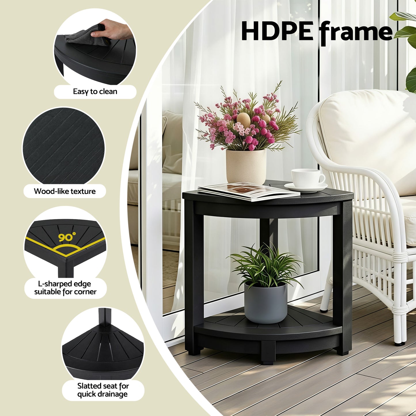 Outdoor Corner Shower Stool with Storage Shelf – Black HDPE Side Table