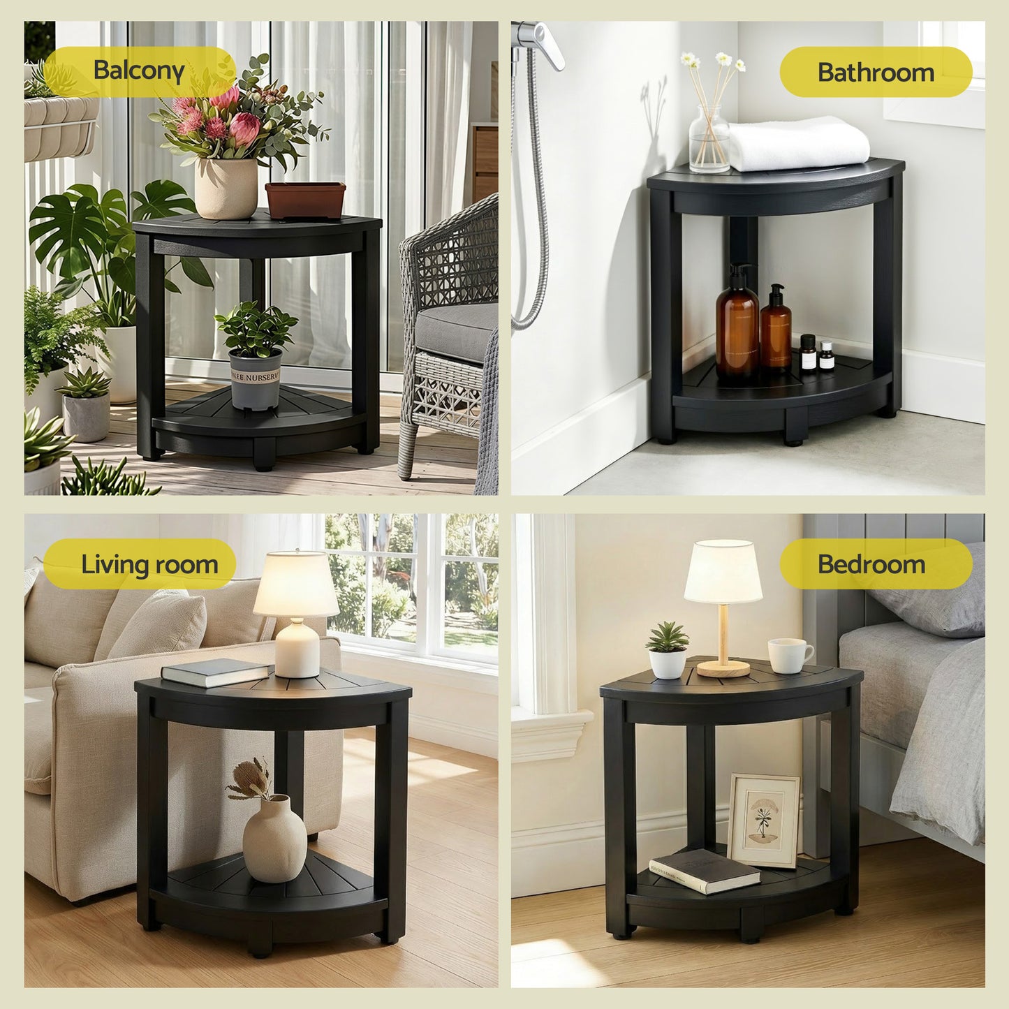 Outdoor Corner Shower Stool with Storage Shelf – Black HDPE Side Table