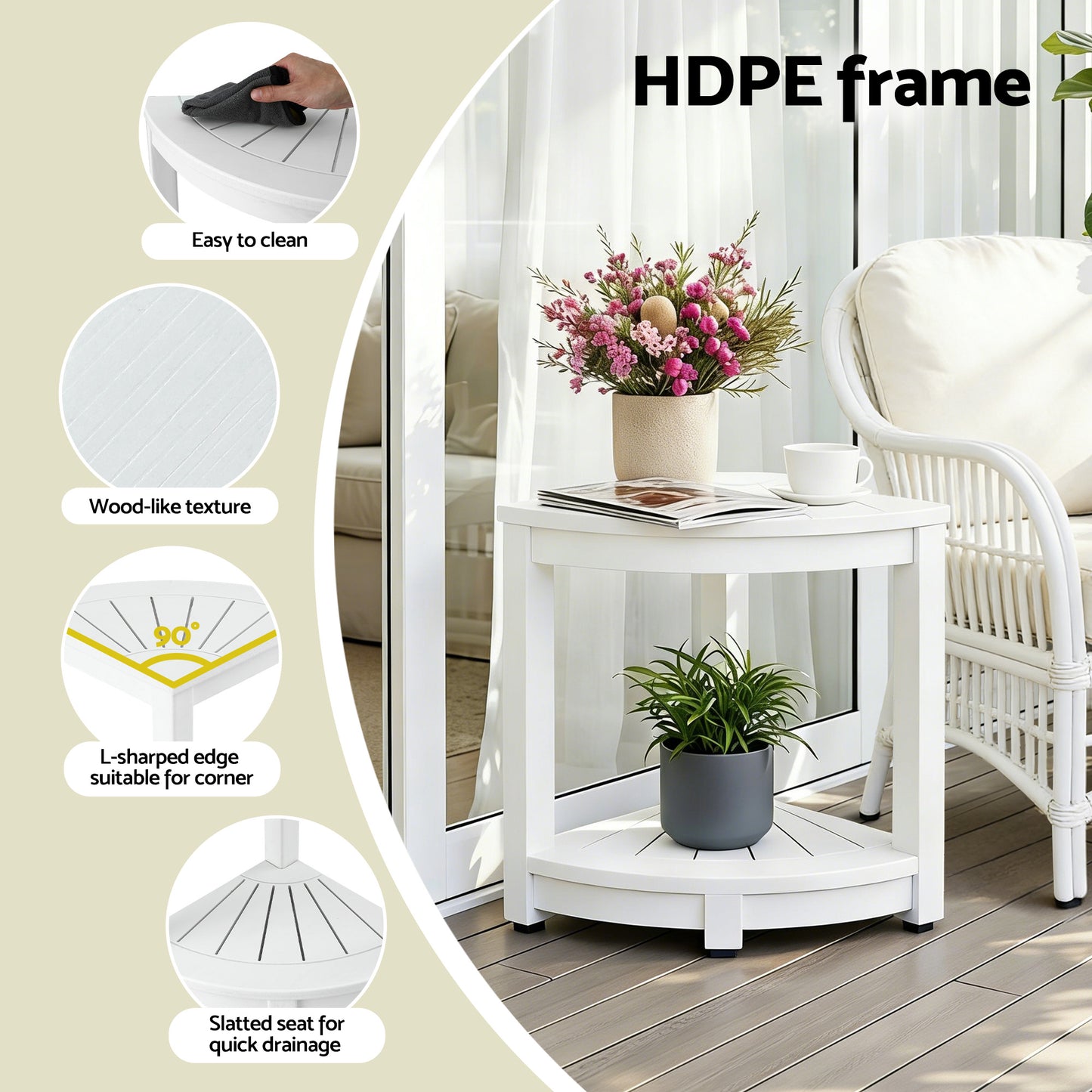 Outdoor Corner Shower Stool with Storage Shelf – White HDPE
