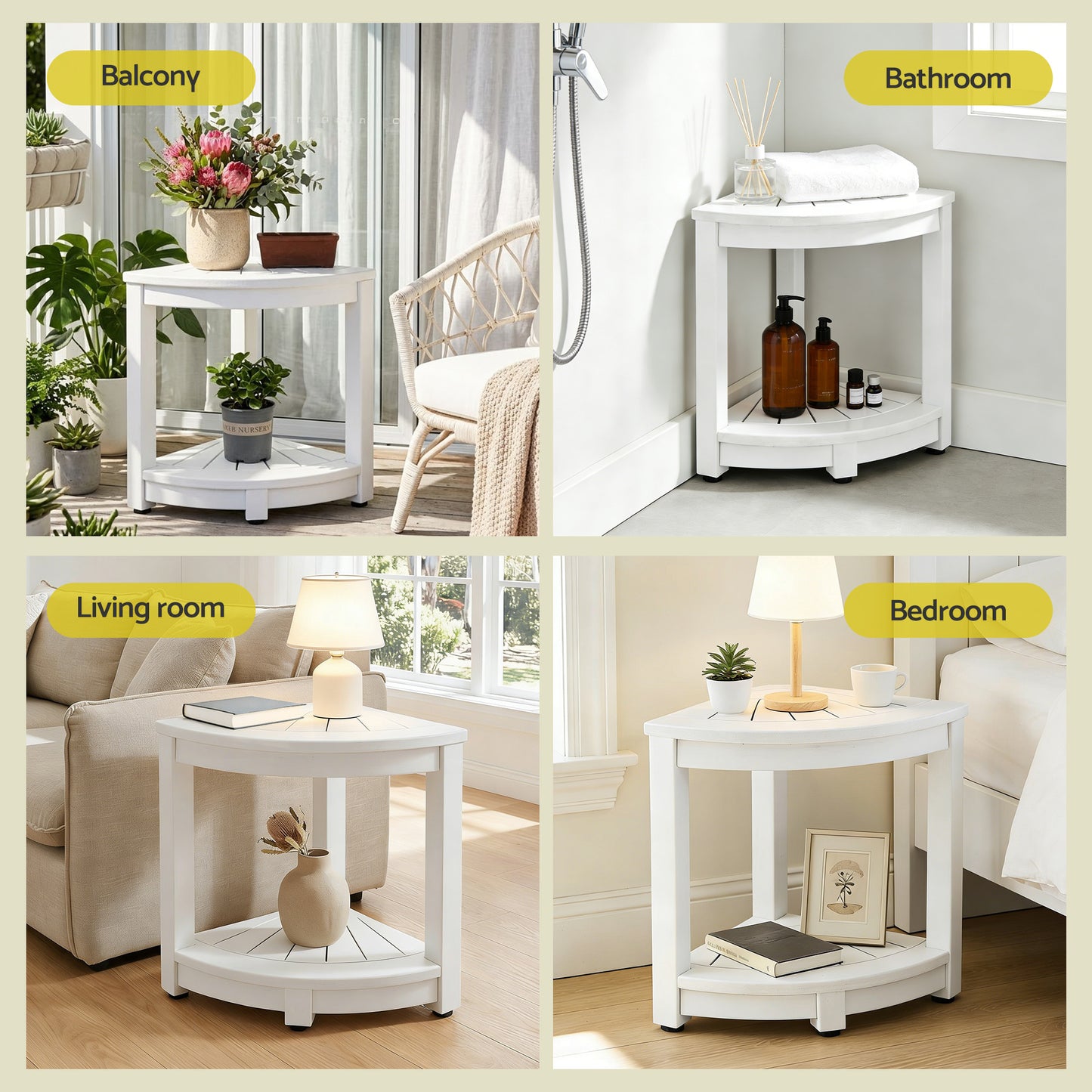 Outdoor Corner Shower Stool with Storage Shelf – White HDPE