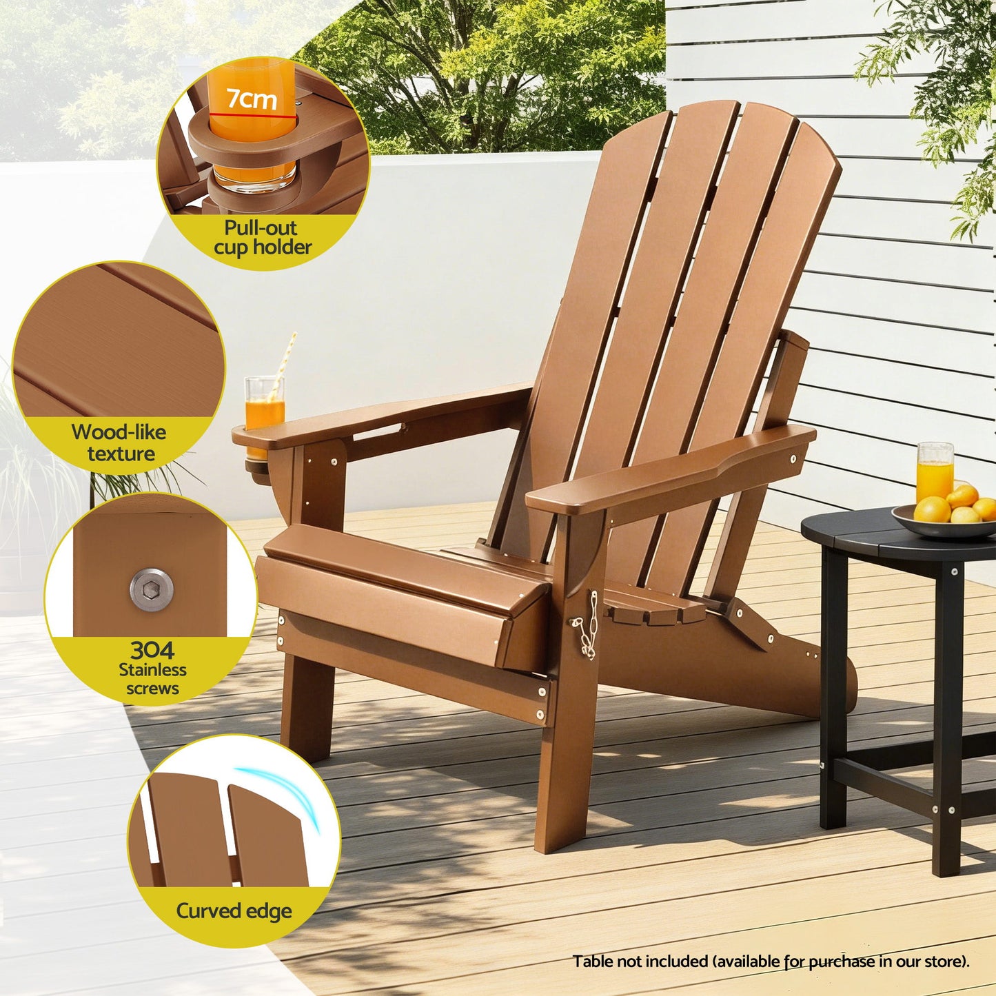 Adirondack Folding Outdoor Chair – Weather-Resistant HDPE, Brown
