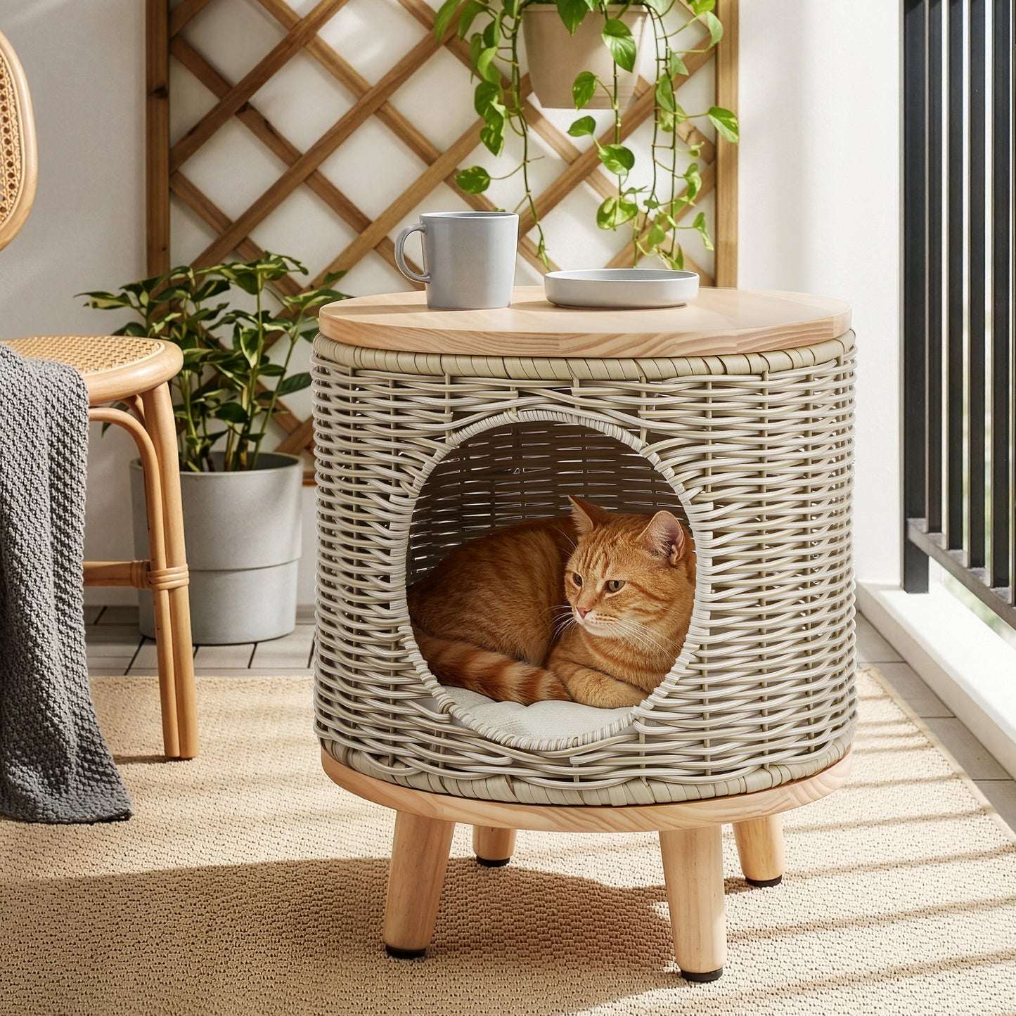 Coffee Side Table with Wicker and Steel Frame – Indoor/Outdoor Furniture with Pet Bed Storage