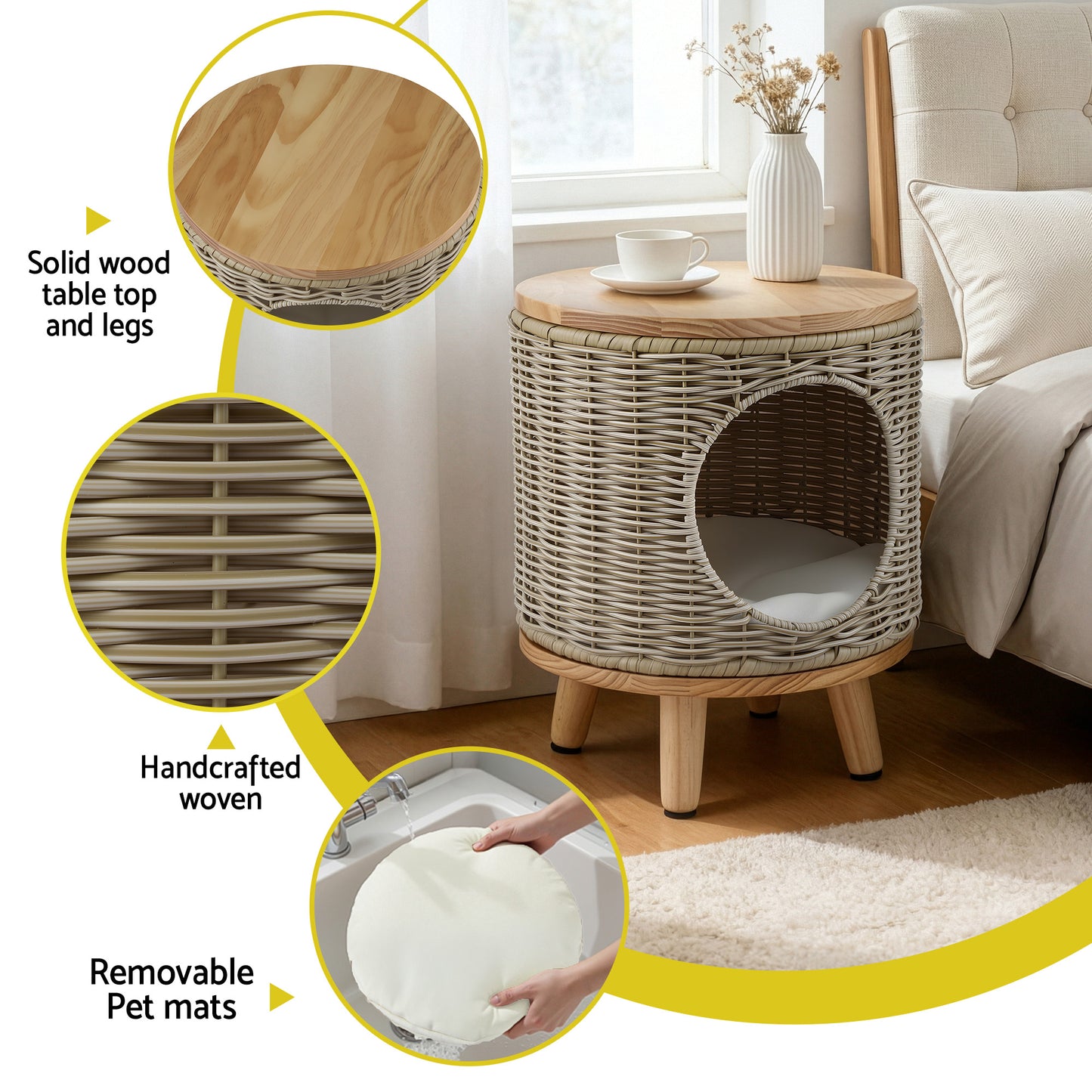 Coffee Side Table with Wicker and Steel Frame – Indoor/Outdoor Furniture with Pet Bed Storage