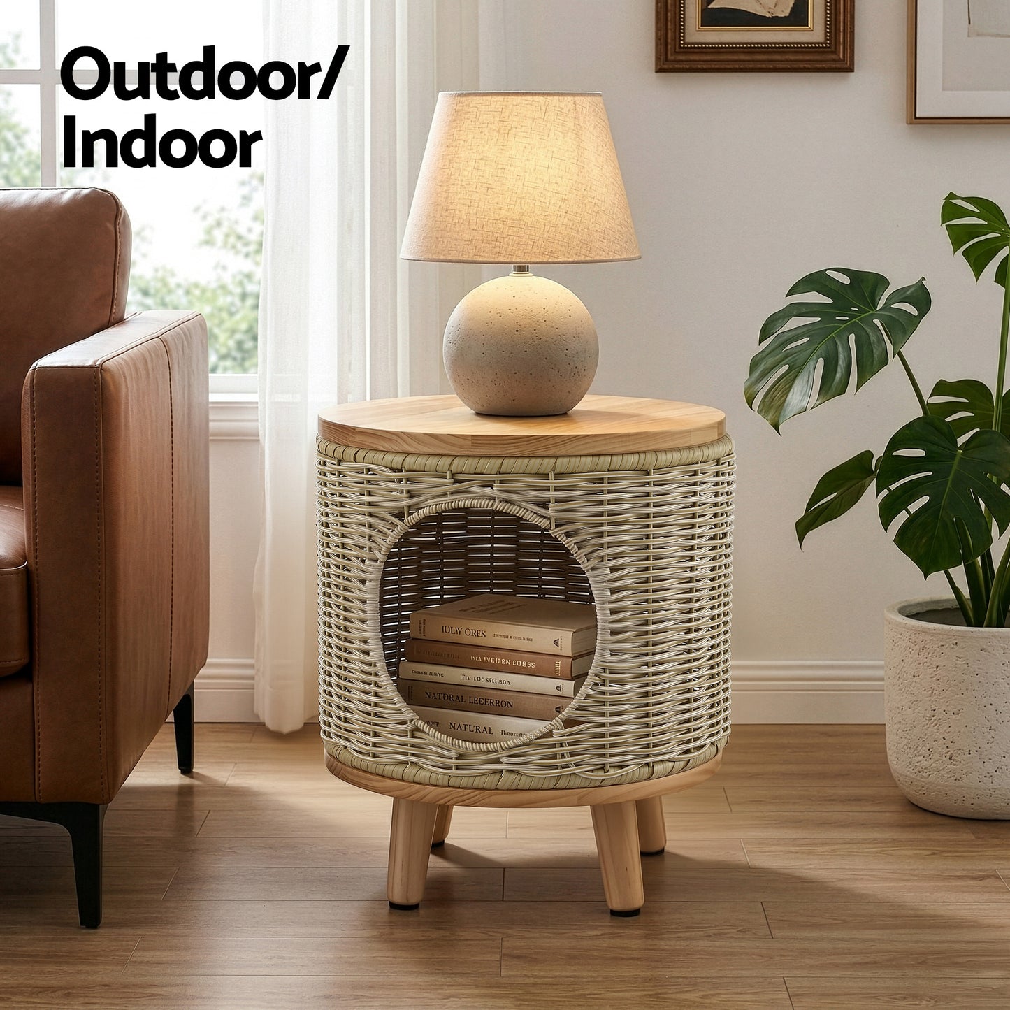 Coffee Side Table with Wicker and Steel Frame – Indoor/Outdoor Furniture with Pet Bed Storage