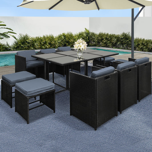 TWSC Outdoor Dining Set 11 Piece Wicker Table Chairs Setting Black