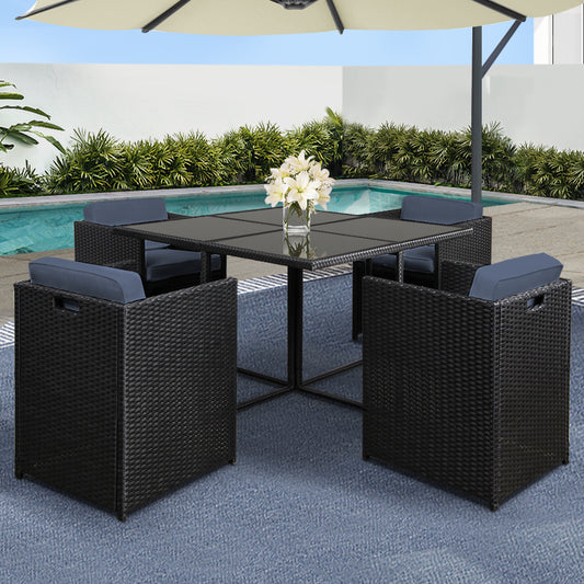 TWSC Outdoor Dining Set 5 Piece Wicker Table Chairs Setting Black