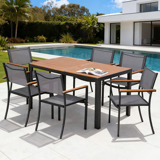 Outdoor Dining Set – 7-Piece Steel Frame with WPC Tabletop, Black and Grey