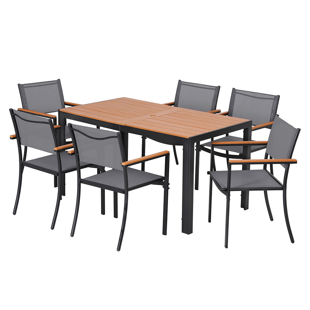 Outdoor Dining Set – 7-Piece Steel Frame with WPC Tabletop, Black and Grey