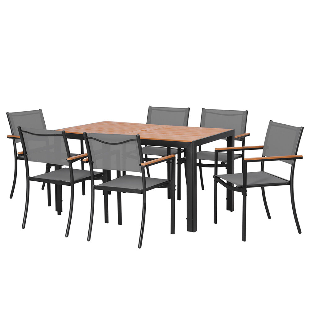 Outdoor Dining Set – 7-Piece Steel Frame with WPC Tabletop, Black and Grey
