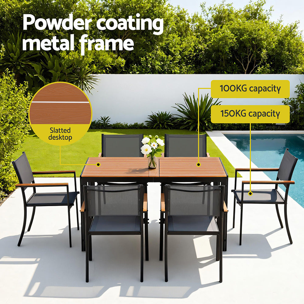 Outdoor Dining Set – 7-Piece Steel Frame with WPC Tabletop, Black and Grey