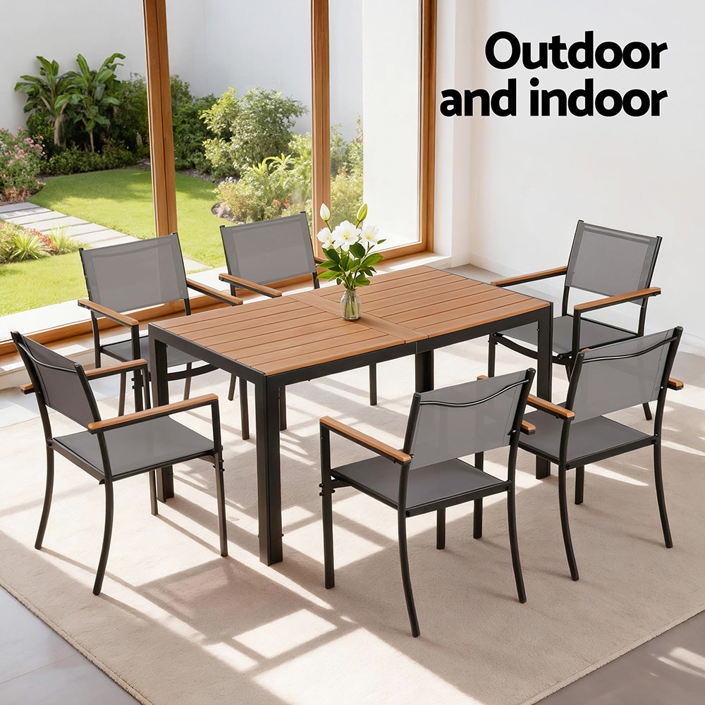 Outdoor Dining Set – 7-Piece Steel Frame with WPC Tabletop, Black and Grey