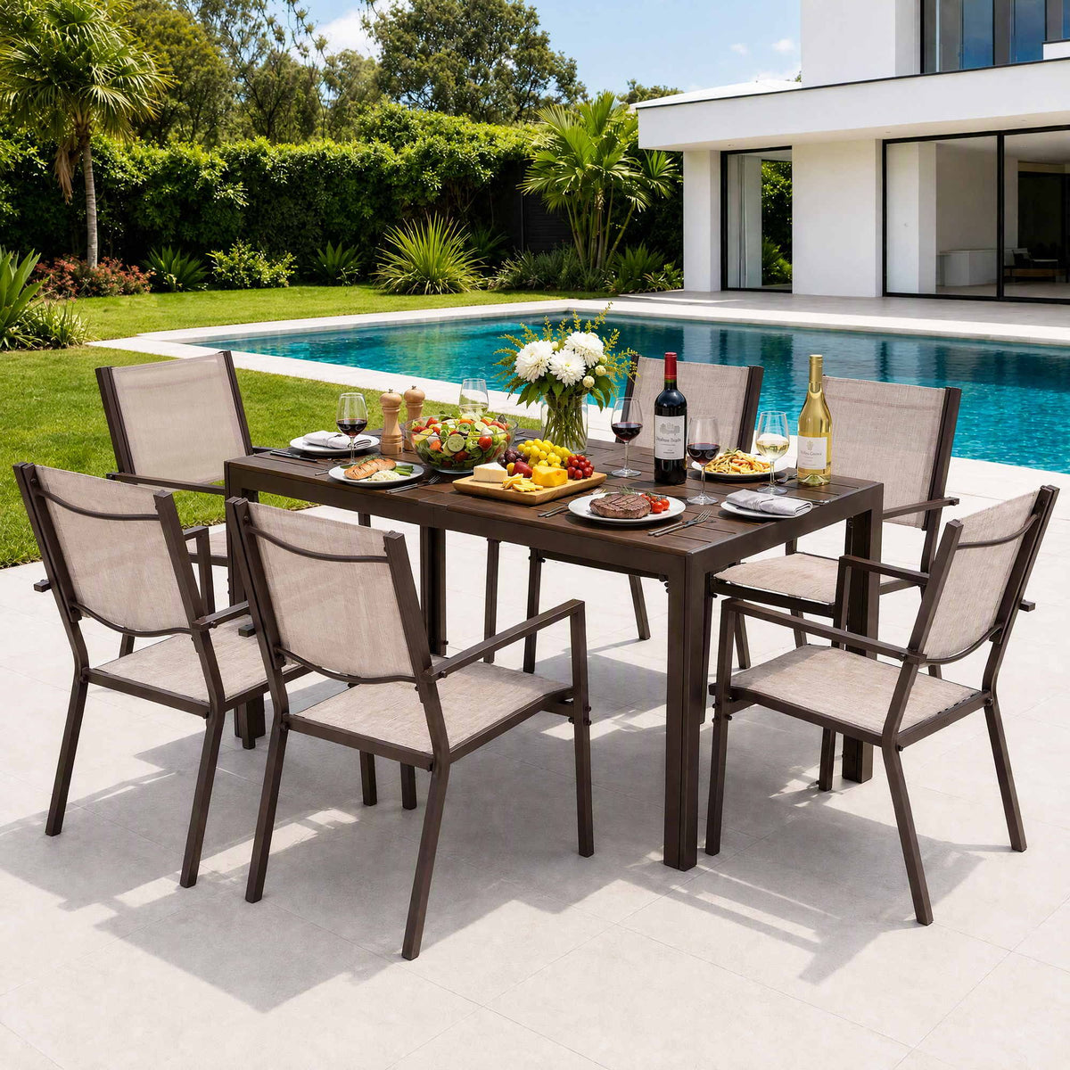 TWSC 7PCS Outdoor Dining Set Patio Furniture Table and Chairs Garden Coffee