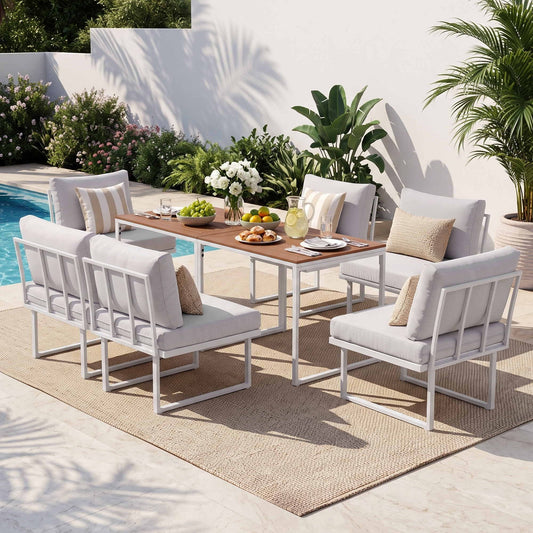 TWSC 6 Seater Outdoor Dining Sofa Set Steel Frame Cushions White