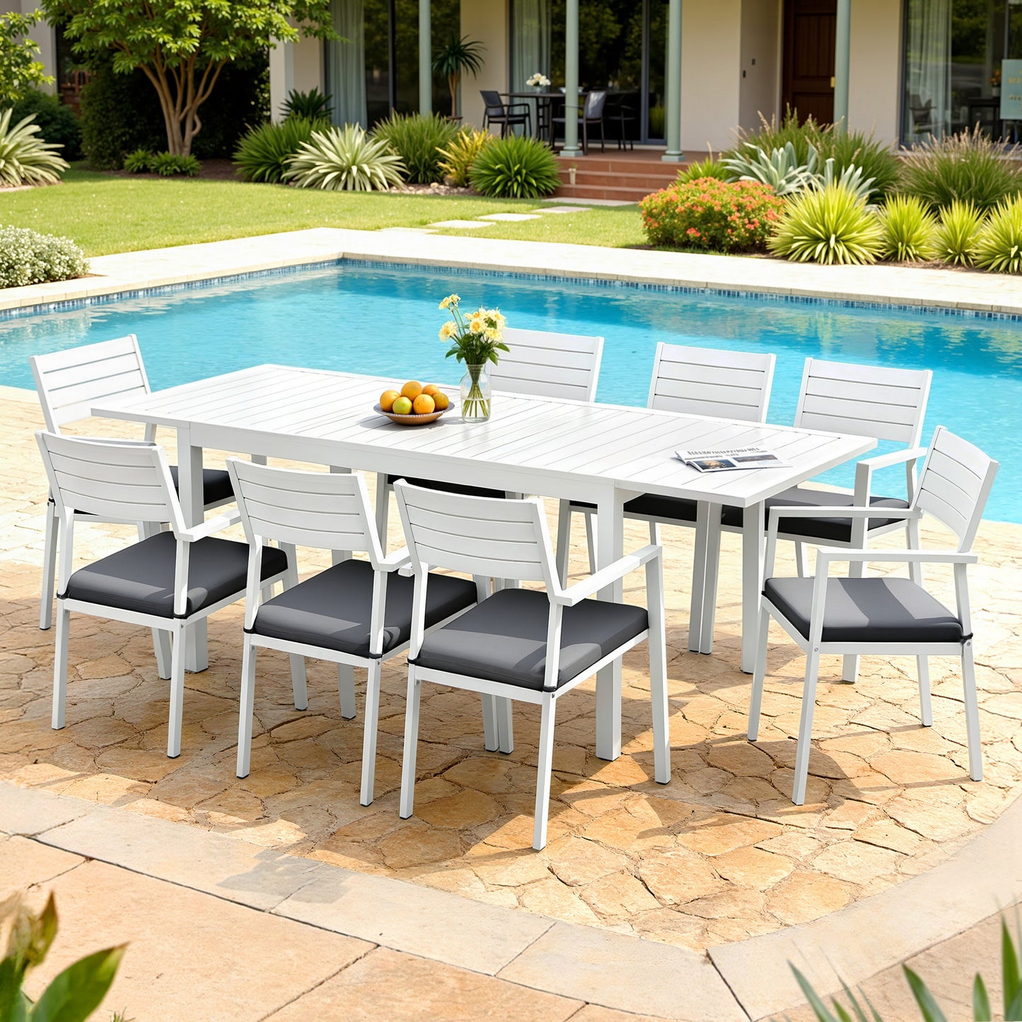Outdoor Dining Set – Extendable Aluminum Table with 8 Chairs, White with Grey Cushions