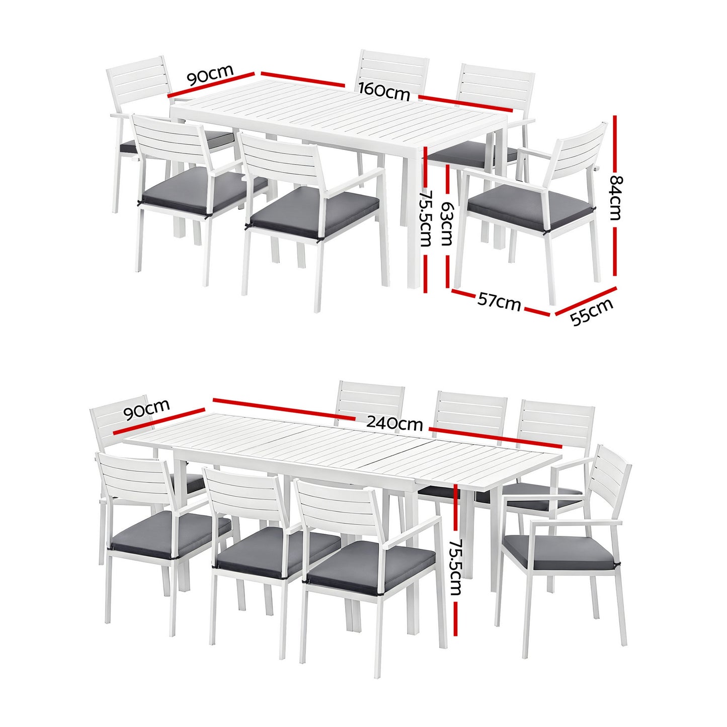 Outdoor Dining Set – Extendable Aluminum Table with 8 Chairs, White with Grey Cushions
