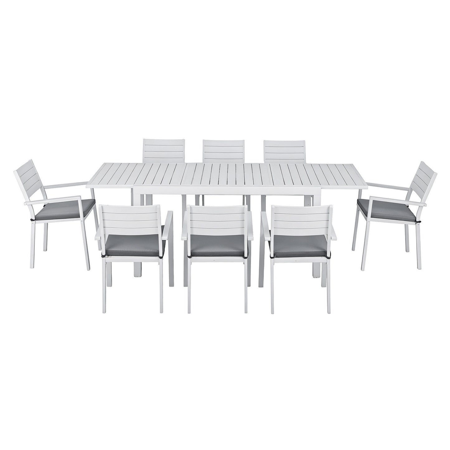 Outdoor Dining Set – Extendable Aluminum Table with 8 Chairs, White with Grey Cushions