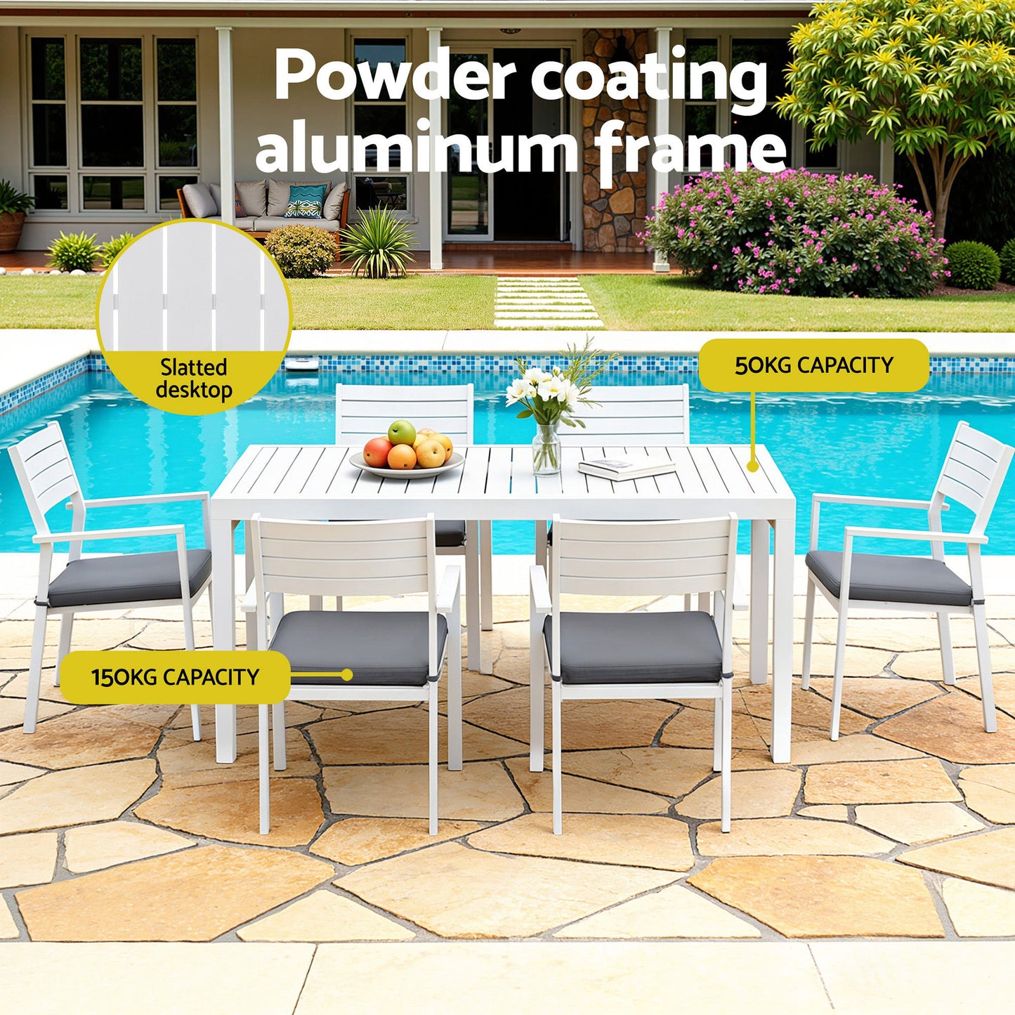 Outdoor Dining Set – Extendable Aluminum Table with 8 Chairs, White with Grey Cushions