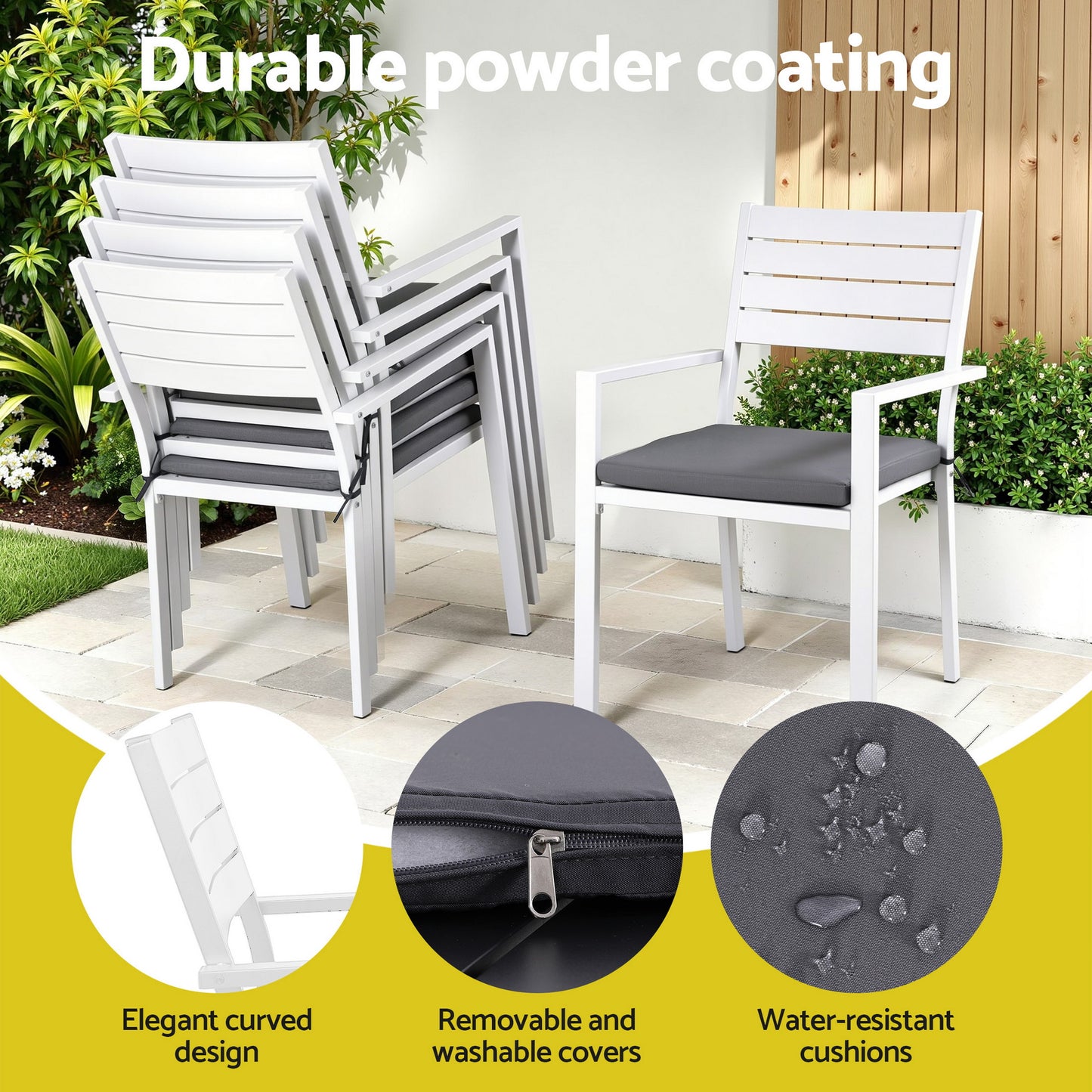 Outdoor Dining Set – Extendable Aluminum Table with 8 Chairs, White with Grey Cushions