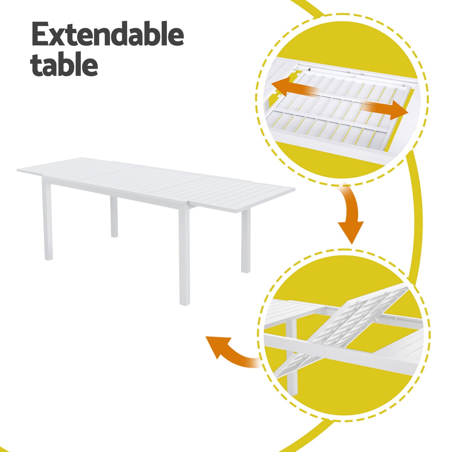 Outdoor Dining Set – Extendable Aluminum Table with 8 Chairs, White with Grey Cushions