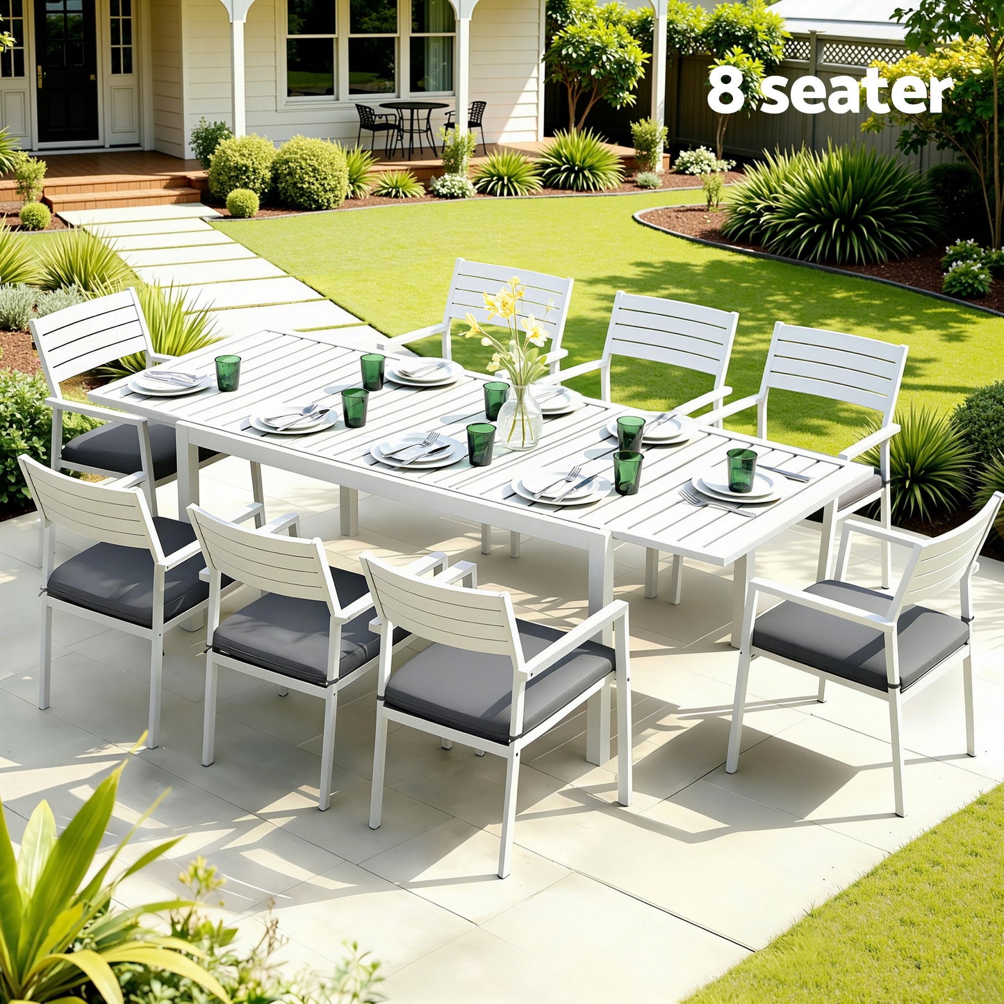 Outdoor Dining Set – Extendable Aluminum Table with 8 Chairs, White with Grey Cushions