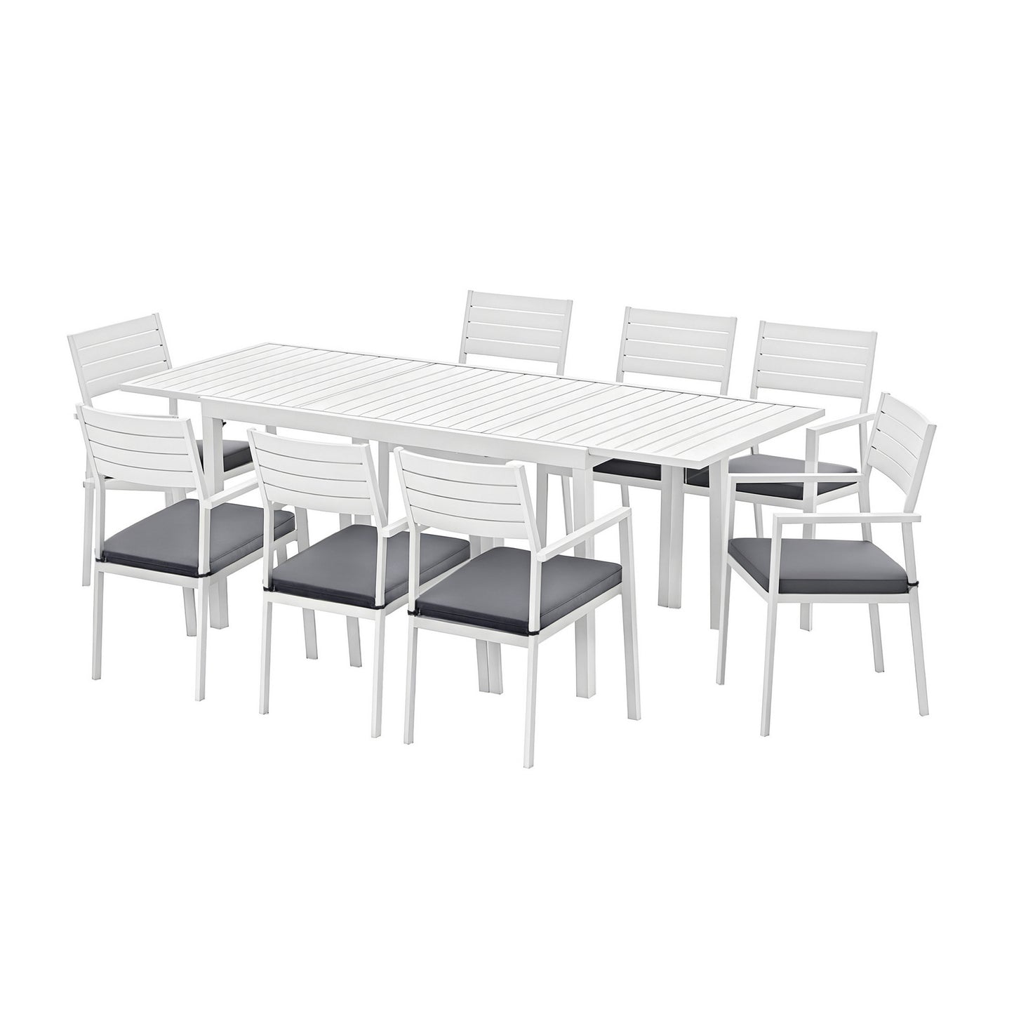 Outdoor Dining Set – Extendable Aluminum Table with 8 Chairs, White with Grey Cushions