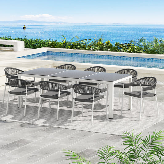 TWSC Outdoor Dining Set 9 Piece Steel Table Chairs Setting White