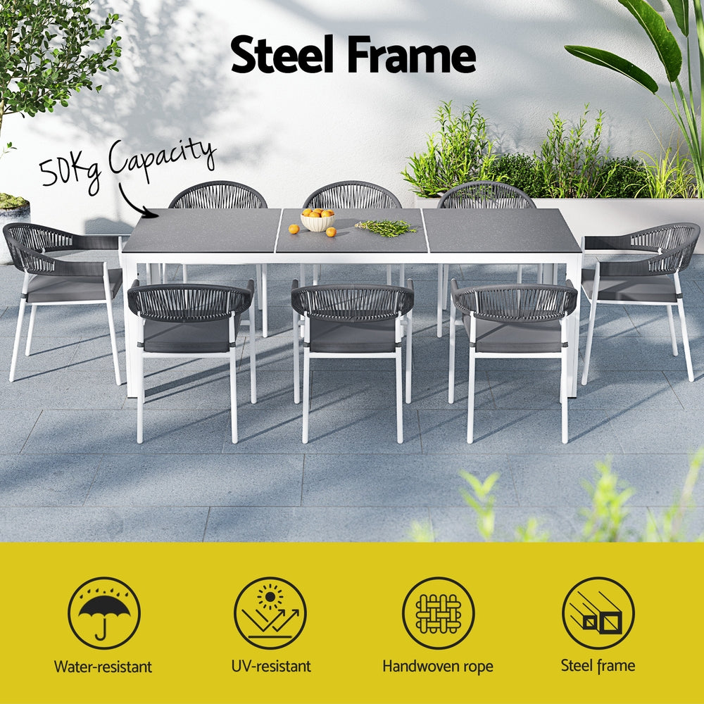 TWSC Outdoor Dining Set 9 Piece Steel Table Chairs Setting White
