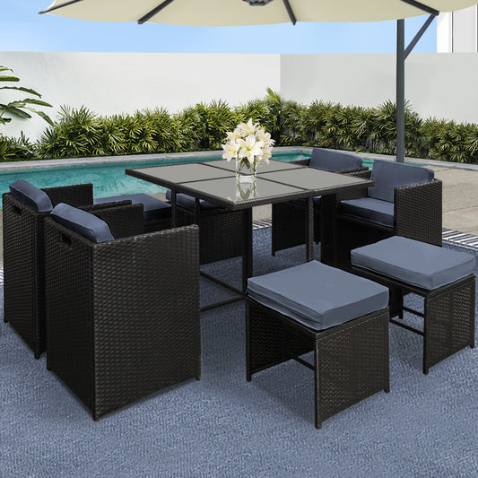 TWSC Outdoor Dining Set 9 Piece Wicker Table Chairs Setting Black