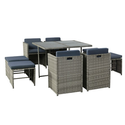 Gardeon 9-piece outdoor dining set with grey wicker table and chairs, suitable for patio or garden outdoor seating.