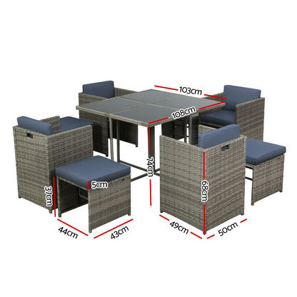 Gardeon 9-piece outdoor dining set with grey wicker table and chairs, perfect for patio or garden dining areas.