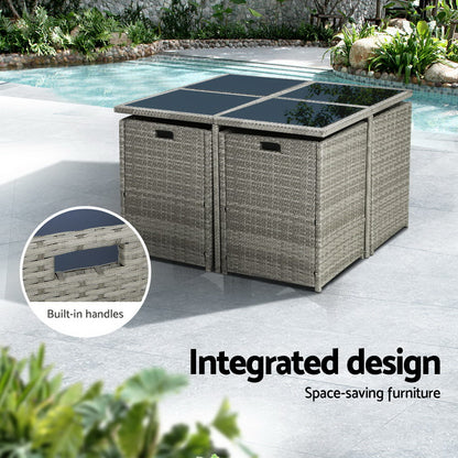 Gardeon 9-piece outdoor dining set with grey wicker table and chairs for outdoor furniture and dining spaces.