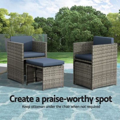 Gardeon 9-piece outdoor dining set with grey wicker table and chairs for patio or garden outdoor furniture.