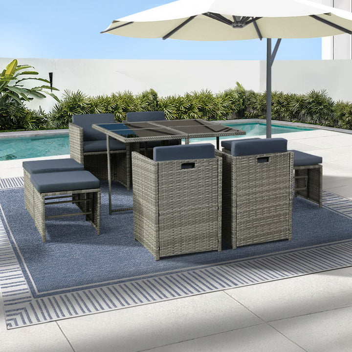 Outdoor Dining Set – 9-Piece Grey Wicker Table and Chairs