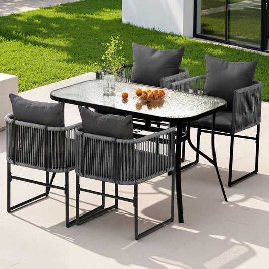 5-Piece Outdoor Dining Set – Rope Chairs with Tempered Glass Table, Black
