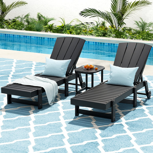 TWSC Sun Lounge Lounger Table and Chairs Beach Chair HDPE Patio Outdoor Furniture Wheels Black
