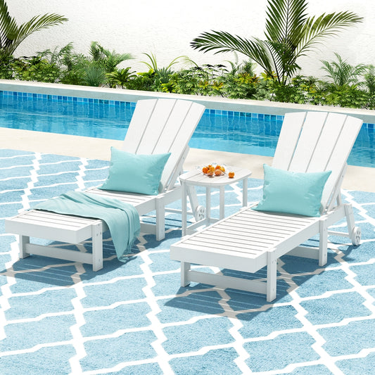 TWSC Sun Lounge Lounger Table and Chairs Beach Chair Adirondack HDPE Patio Outdoor Furniture Wheels White