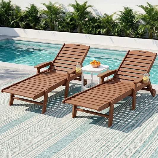 TWSC Sun Lounge Lounger Table and Chairs Beach Chair HDPE Patio Outdoor Furniture Wheels Brown